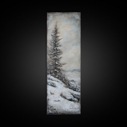 Framed Canvas Print Winter Pine Tree Art Rustic Landscape Wall Art Tall Narrow Art Cozy Cabin Decor Above Sofa Art