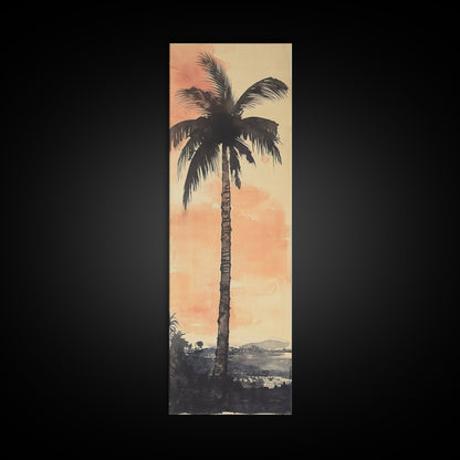 Framed Canvas Print Moody Palm Tree Painting Sunset Coastal Wall Art, Rustic Decor, Tropical Living Room Above Sofa Art, Bedroom Art Print