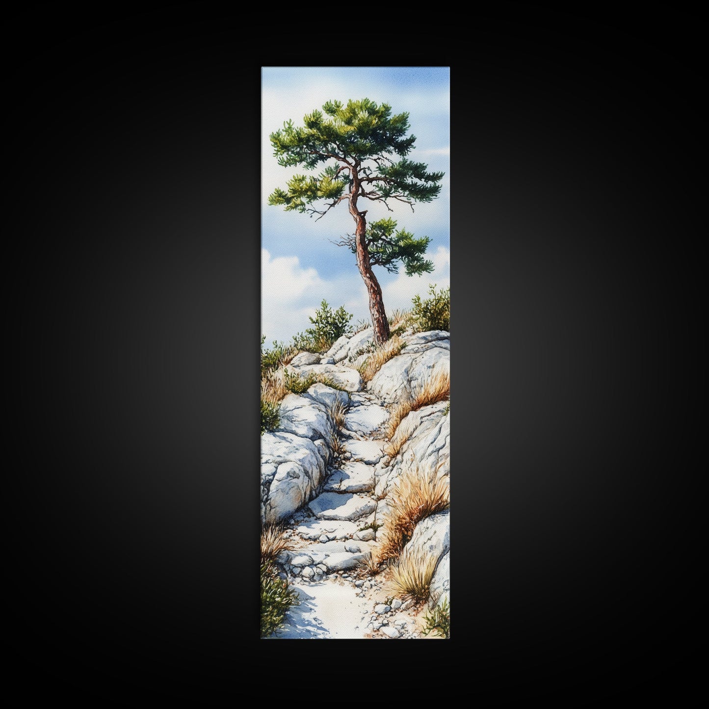 Rocky Mountain Pine Tree Painting - Framed Canvas Print Highlighting Serene Alpine Path for Rustic Wall Decor