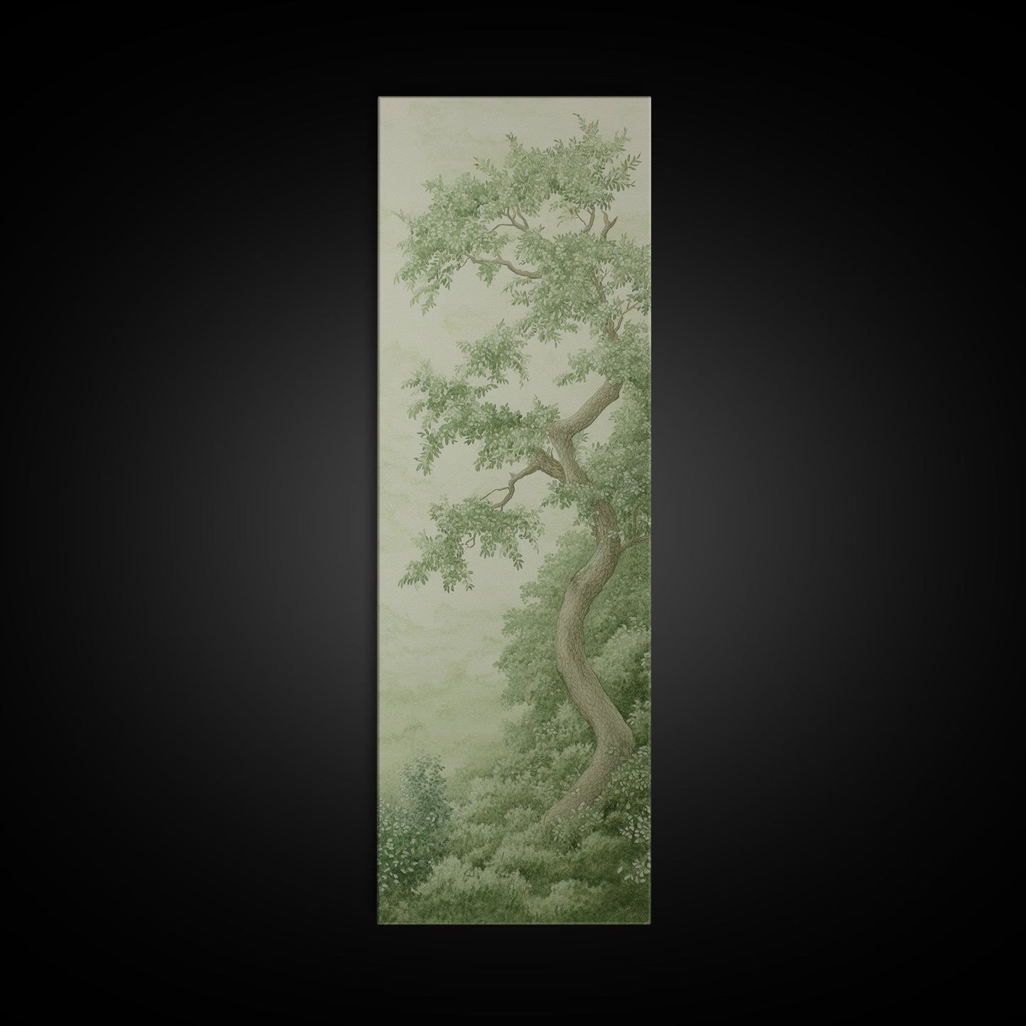 Misty Green Botanical Scene - Framed Canvas Print Showcasing Wabi Sabi Art Style with Tranquil Tree Landscape