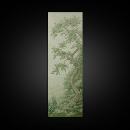 Misty Green Botanical Scene - Framed Canvas Print Showcasing Wabi Sabi Art Style with Tranquil Tree Landscape