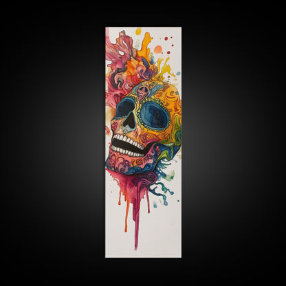 Sugar Skull Painting Print, Mexicano Wall Art, Framed Canvas, Tall Narrow Art, Skinny Accent Piece, Skull Painting, Skull Art, Chicano Art