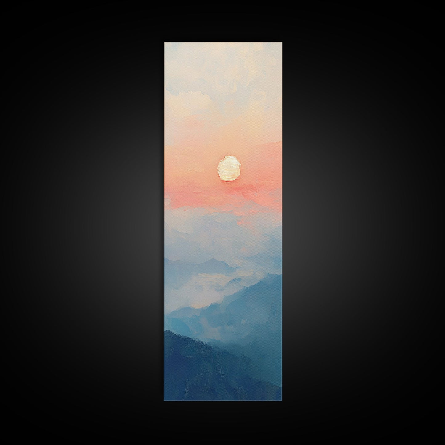 Wabi Sabi Sunset Oil Painting Print, Framed Canvas, Coastal Decor, Sunrise Over The Mountains, Boho Style Wall Art, Tall Narrow Wall Art