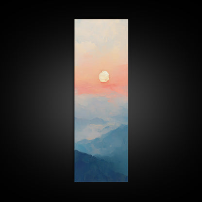 Wabi Sabi Sunset Oil Painting Print, Framed Canvas, Coastal Decor, Sunrise Over The Mountains, Boho Style Wall Art, Tall Narrow Wall Art