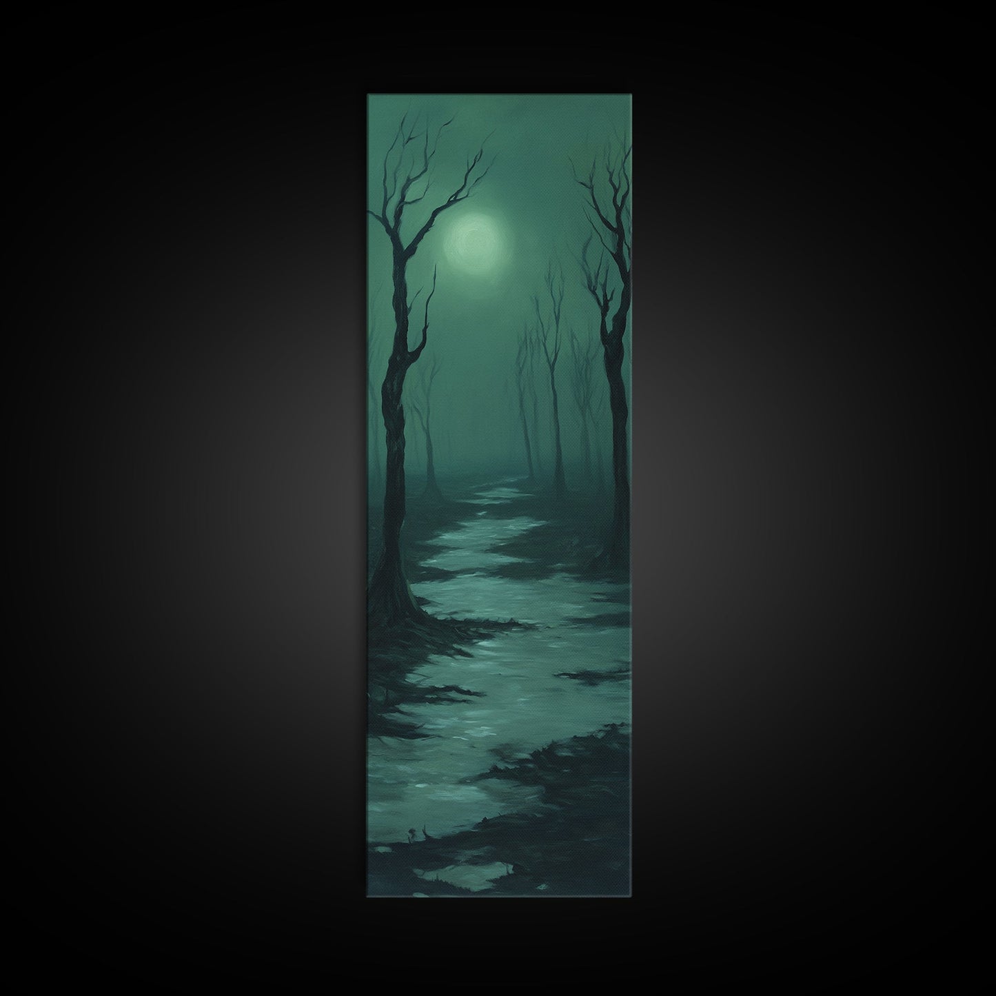 Framed Canvas Print of Forest at Dusk Painting in Teal, Moody Art, Dark Romance Painting, Above Bed Wall Art, Tall Narrow Art, Unique Gift Idea