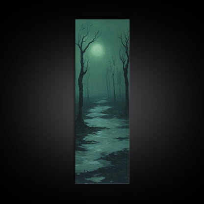 Framed Canvas Print of Forest at Dusk Painting in Teal, Moody Art, Dark Romance Painting, Above Bed Wall Art, Tall Narrow Art, Unique Gift Idea