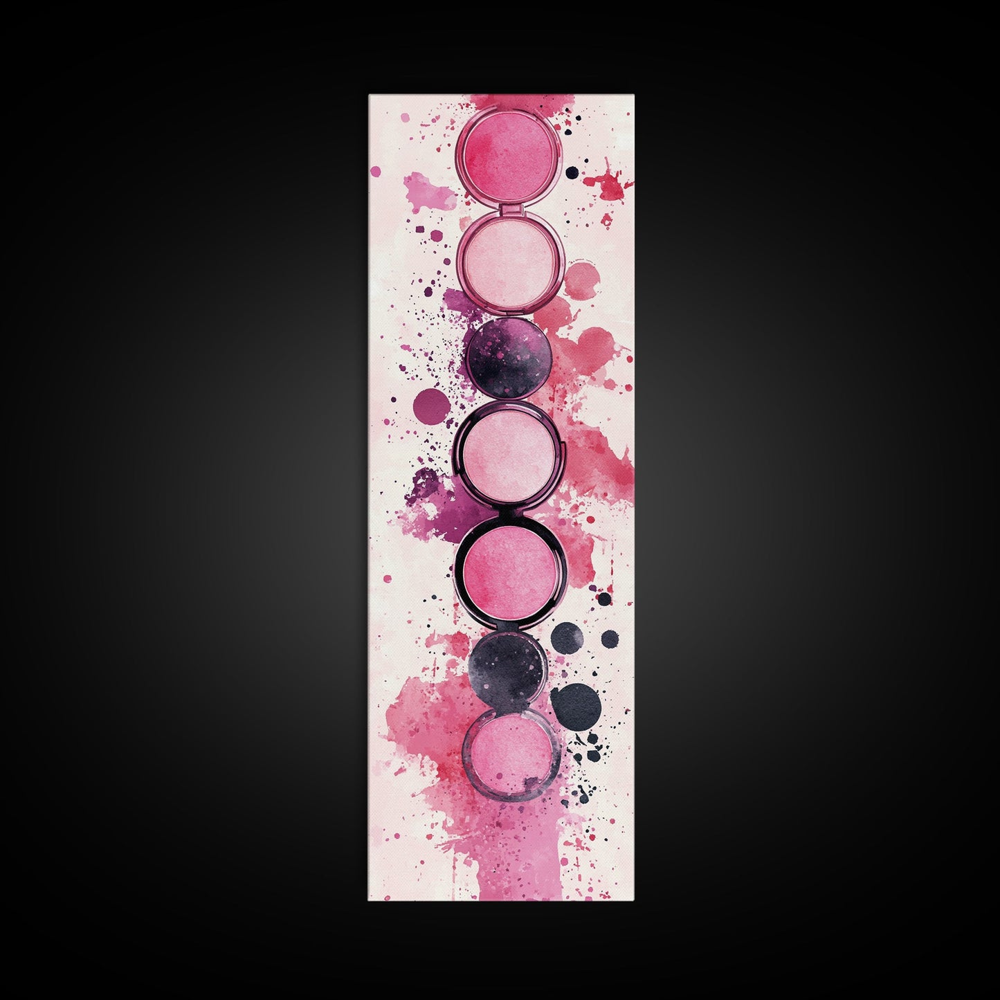 Makeup Palette Canvas Print, modern pink abstract art with splatter design, bold vertical wall art, unique wabi sabi minimalist print.