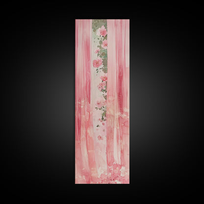 Pink Floral Curtains Framed Canvas Print Whimsical Art Light Pink Wall Art Vertical Wall Art Minimalist Art Rustic Decor Gift