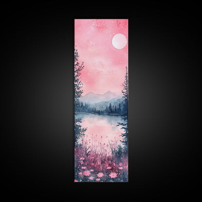Moonlit Pink Forest Canvas Print, Moody Mountain Landscape Painting, Wildflower Rustic Vertical Wall Art, Cozy Living Room Decor
