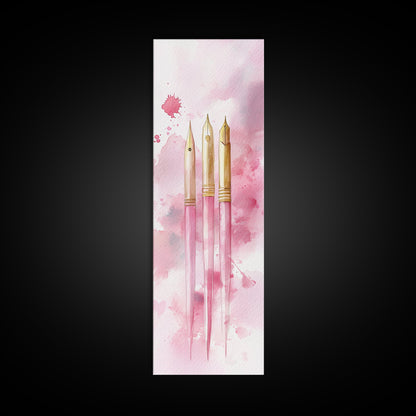Pink Fountain Pens Canvas Print Whimsical Art Writer’s Gift Minimalist Art Living Room Decor Unique Office Wall Art Illustration