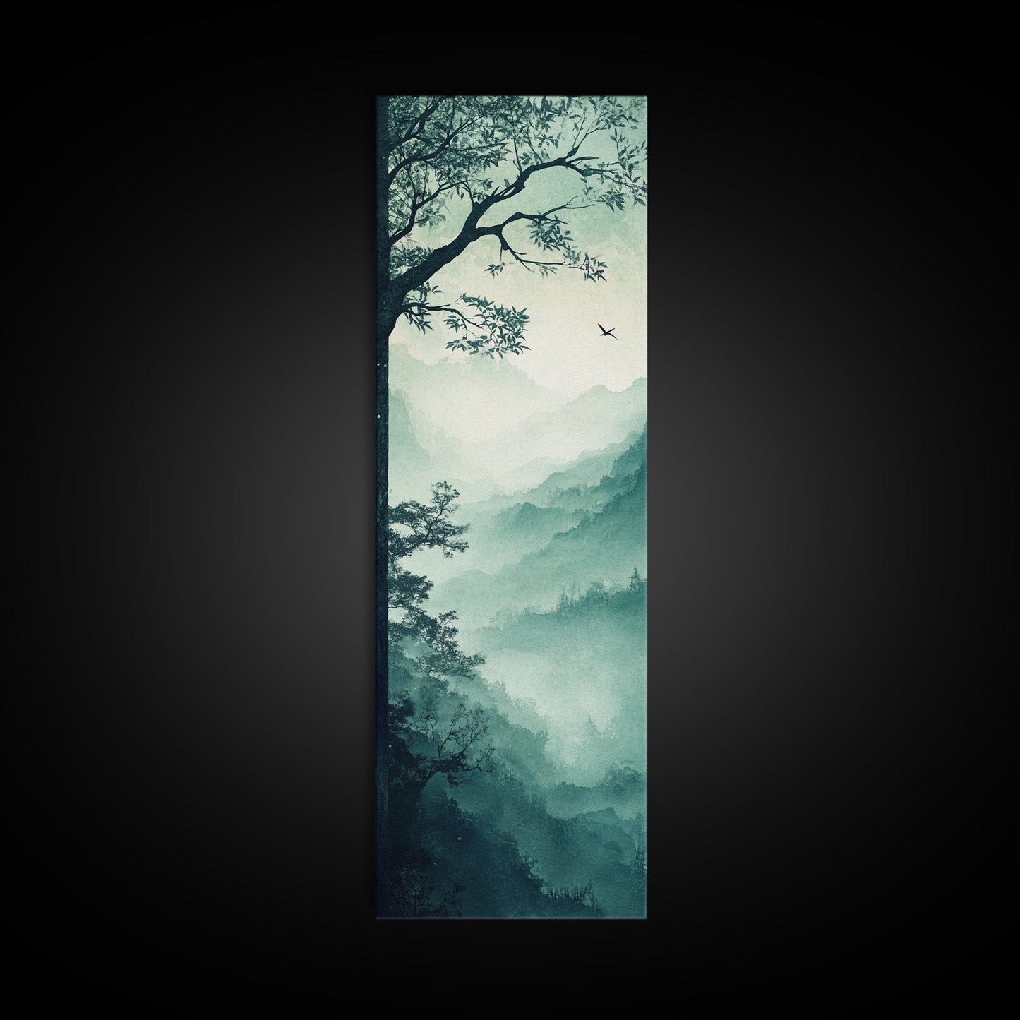 Misty Forest Panorama Framed Canvas Print Southwest Wall Art Vertical Nature Scene Above Couch Art Smoky Mountain Landscape