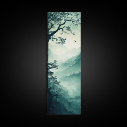 Misty Forest Panorama Framed Canvas Print Southwest Wall Art Vertical Nature Scene Above Couch Art Smoky Mountain Landscape