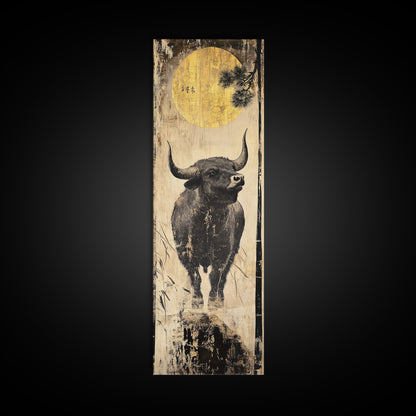 Modern Bull Artwork Framed Canvas Print, Rustic Animal Wall Art, Farmhouse Decor, Vertical Skinny Art, Pine Tree Moonlight Scene