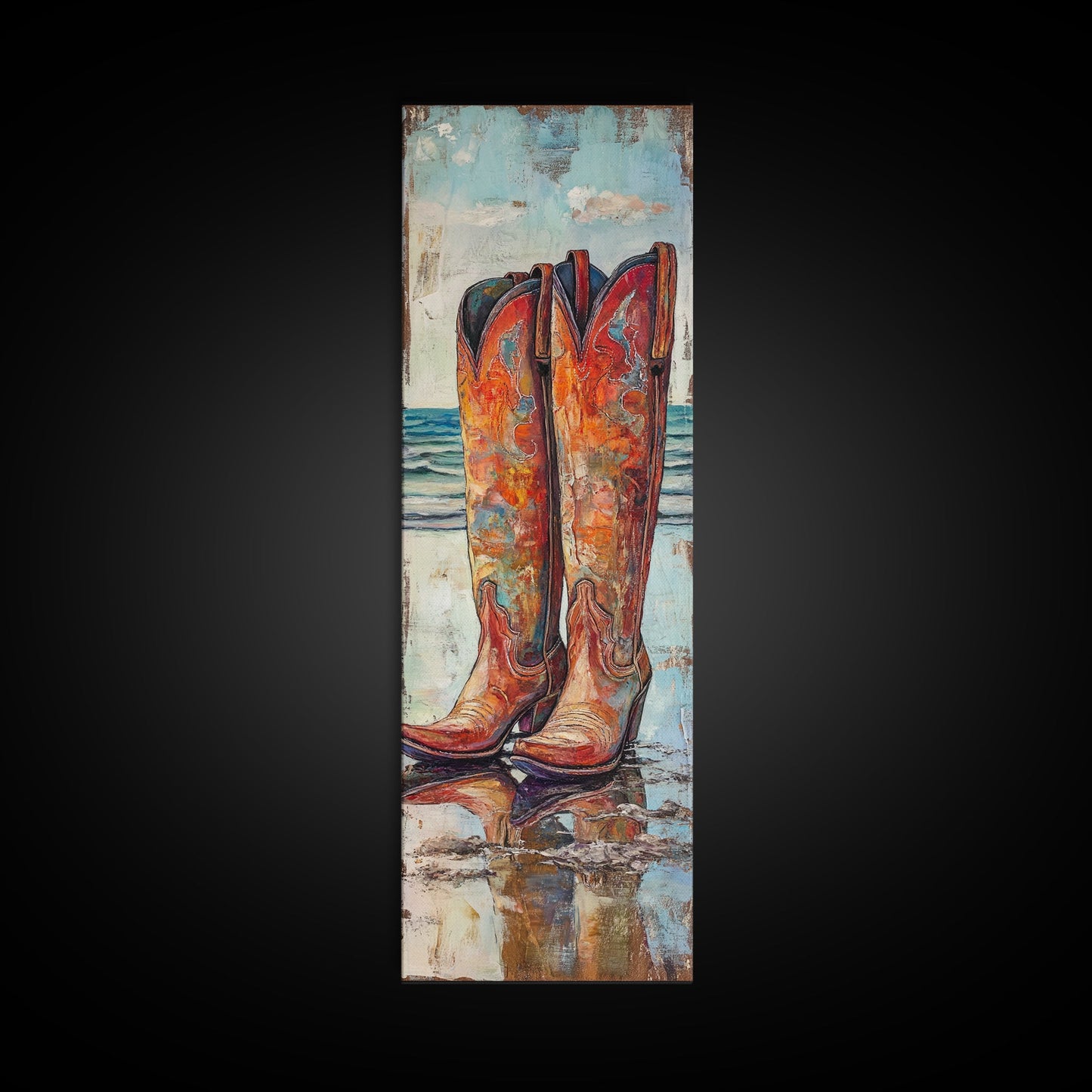 Rustic Cowboy Boots Canvas Print, Coastal Cowgirl Wall Art, Farmhouse Rustic Decor, Western Style Vertical Skinny Artwork