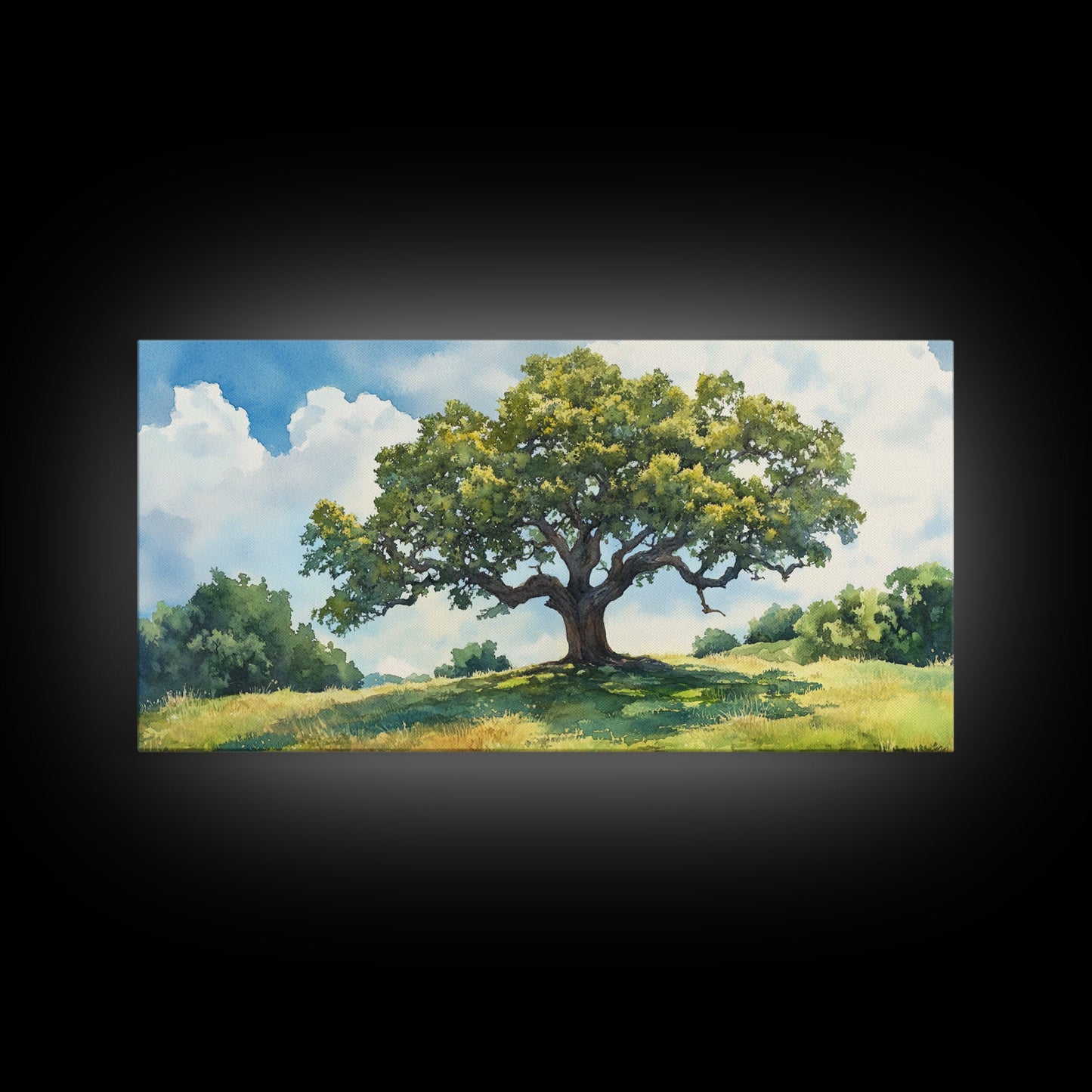 Sprawling Oak Tree Canvas Print Rustic Wall Art Panoramic Painting Nature Scene Bedroom Decor Horizontal Artwork Farmhouse Wall Art