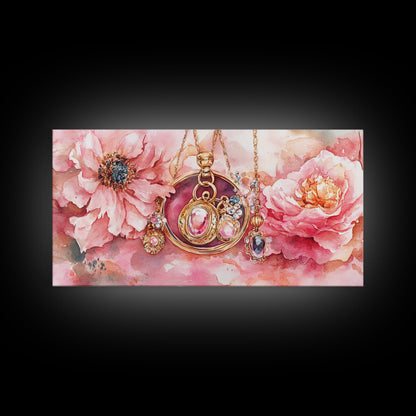 Leinwanddruck mit rosafarbenem Edelsteinschmuck, feminin-elegantes Kunstwerk, glamouröses Rosenbild, Wanddekoration fürs Wohnzimmer, einzigartiges Deko-Geschenk