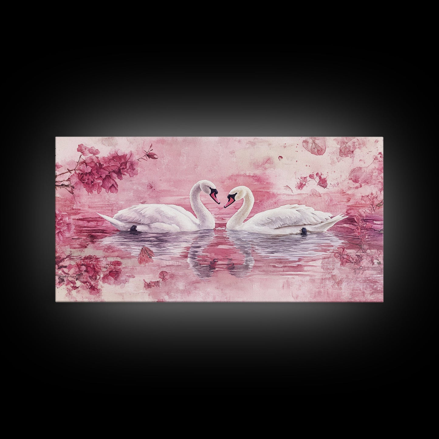 Swan Reflection Watercolor Framed Canvas Print, Romantic Wildlife Art, Cherry Blossom Wall Art, Rustic Farmhouse Decor, Bedroom Art