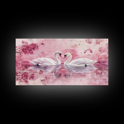 Swan Reflection Watercolor Framed Canvas Print, Romantic Wildlife Art, Cherry Blossom Wall Art, Rustic Farmhouse Decor, Bedroom Art