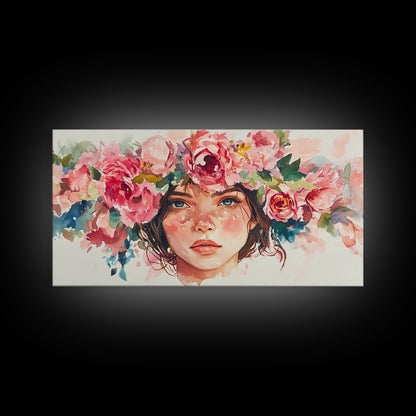 Floral Crown Canvas Print | Goddess Art Print | Pink Abstract Art | Romantic Woman Art | Boho Bedroom Decor Framed Canvas Print