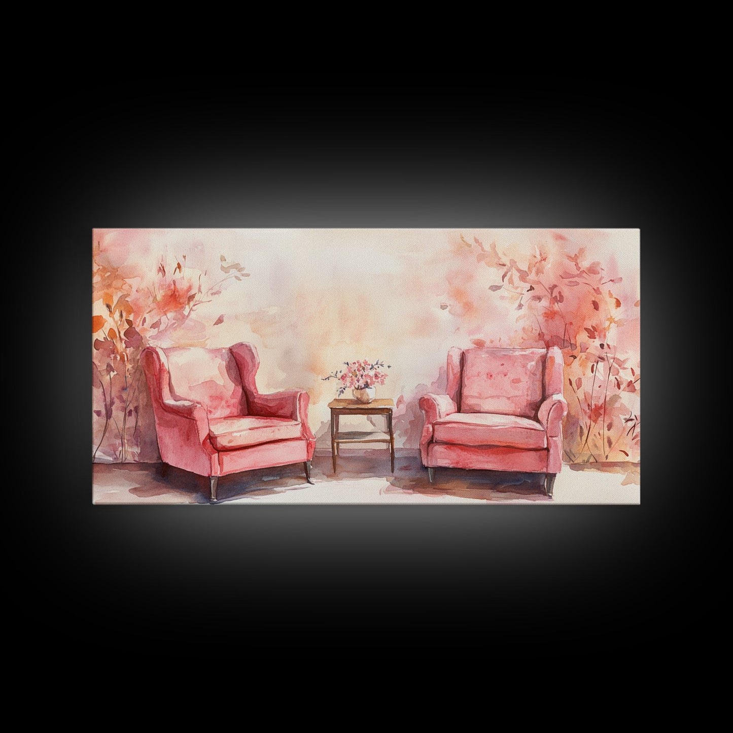 Cozy Pink Living Room Canvas Print with Chairs and Floral Decor, Perfect Rustic Wall Art for Fall or Above Couch Decor, Farmhouse Style