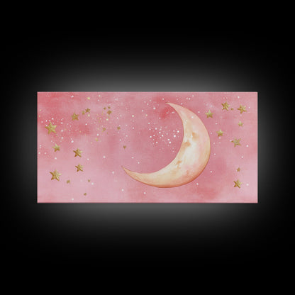 Golden Crescent Moon Canvas Print, Light Pink Wall Art, Whimsical Celestial Art, Bedroom or Dorm Decor, Christmas Gift Idea