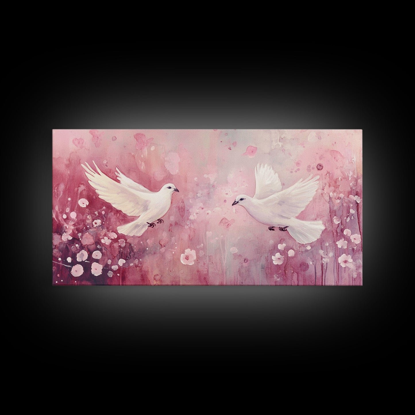 Romantic Doves Framed Canvas Print, Whimsical Pink and White Wall Art, Cherry Blossom Painting, Bedroom or Living Room Gift Idea