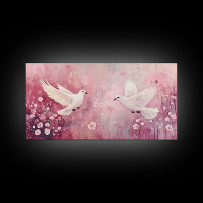 Romantic Doves Framed Canvas Print, Whimsical Pink and White Wall Art, Cherry Blossom Painting, Bedroom or Living Room Gift Idea