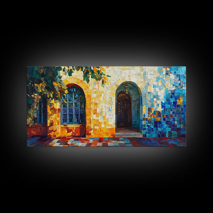 Sunlit Arched Window Framed Canvas Print - Rustic Moroccan Wall Art - Coastal Landscape Art - Farmhouse Decor Bedroom Art