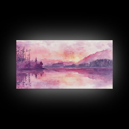 Sunset Landscape Art Framed Canvas Print Pink Orange Wall Art Living Room Art Panoramic Painting Above Couch Art Coastal Decor