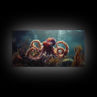 Vibrant Octopus Art Framed Canvas Print, Ocean Wildlife Wall Decor, Rustic Nautical Art, Marine Life Painting, Underwater Sea Art