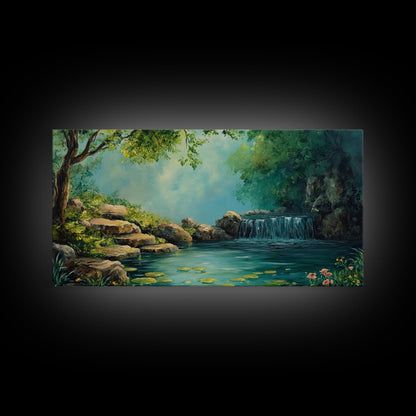 Ruhiges Wasserfall-Landschaftsbild, gerahmter Leinwanddruck, rustikale Wohnzimmerdekoration, friedliche Naturszene, Wandbild im Landhausstil