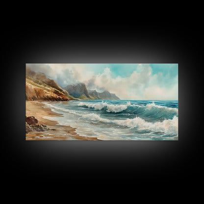 Coastal Landscape Canvas Print with Ocean Waves and Misty Cliffs, Nautical Wall Art Gift Idea, Coastal Decor Beach Painting