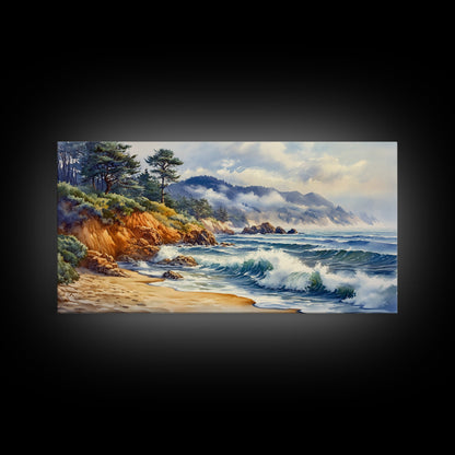 Framed Canvas Print of Scenic Coastal Cliffs and Ocean Waves, Nautical Landscape Art Gift, Rustic Coastal Home Decor