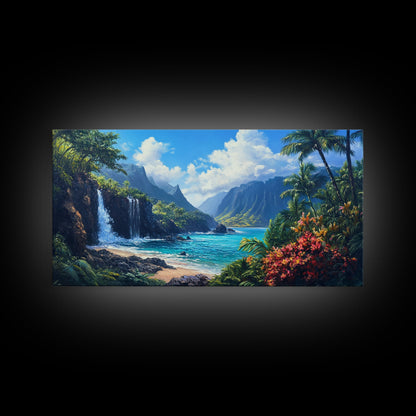 Waterfall Paradise Canvas Print Hawaii Art Coastal Wall Art Above Sofa Decor Rustic Landscape Painting Living Room Art Gift Idea