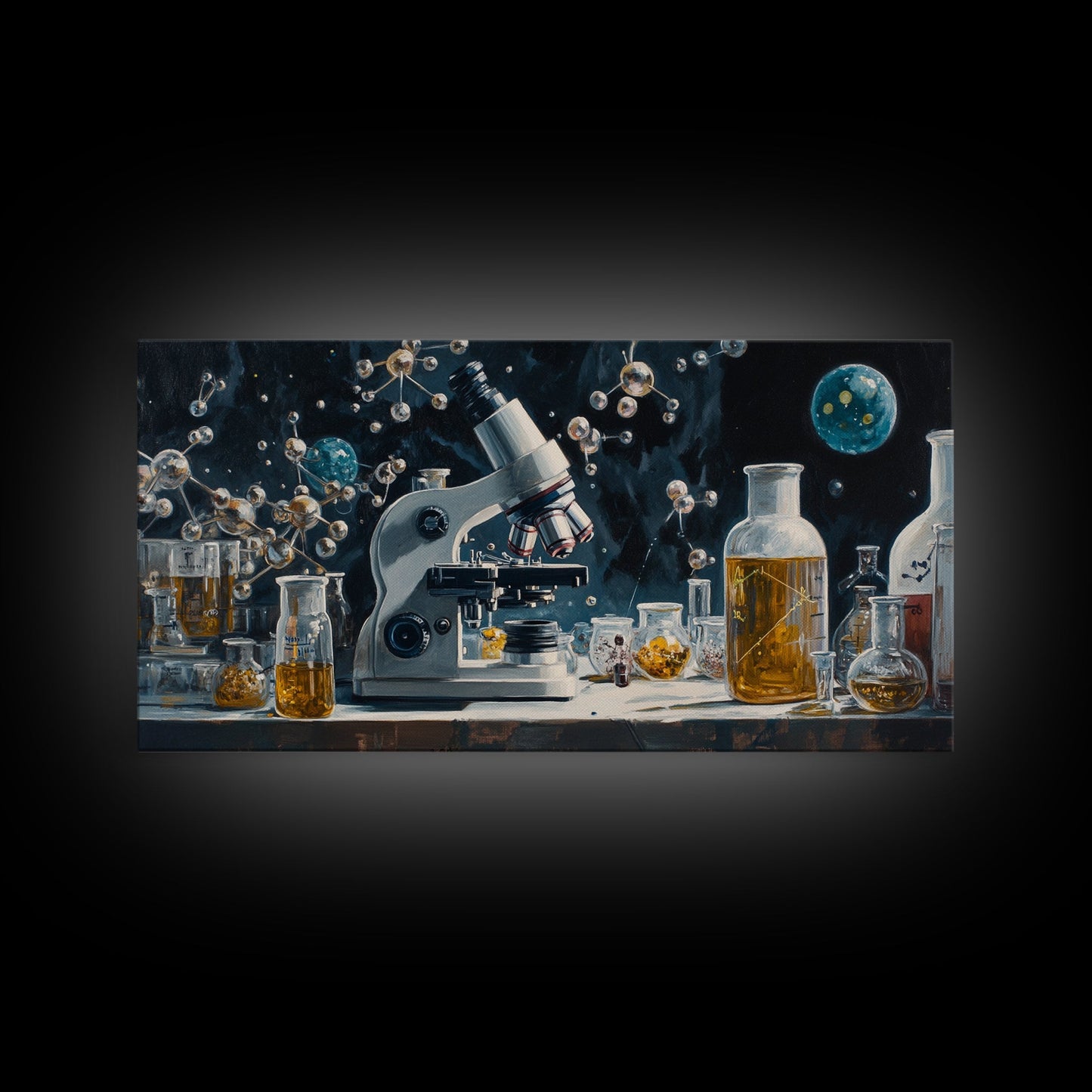 Science Art Framed Canvas Print, Microscope Molecular Wall Decor, Unique Therapy Art, Coastal Modern Living Room Art Gift Idea