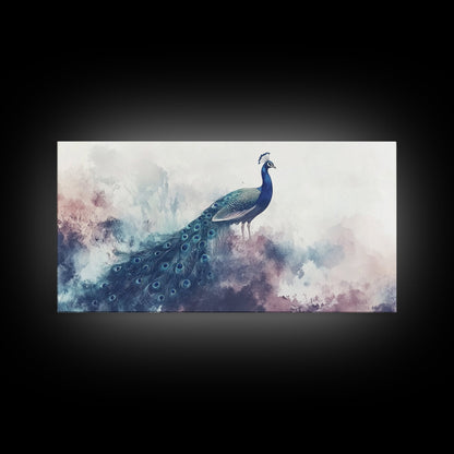 Watercolor Peacock Art Canvas Print, Moody Wildlife Wall Decor, Above Couch Living Room Art, Unique Nature Gift Idea Him Her