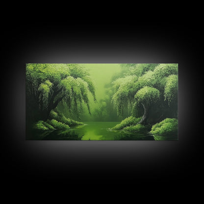 Willow Grove Framed Canvas Print, Tranquil Forest Landscape Wall Art, Sage Green Rustic Home Decor, Above Bed Nature Canvas Art