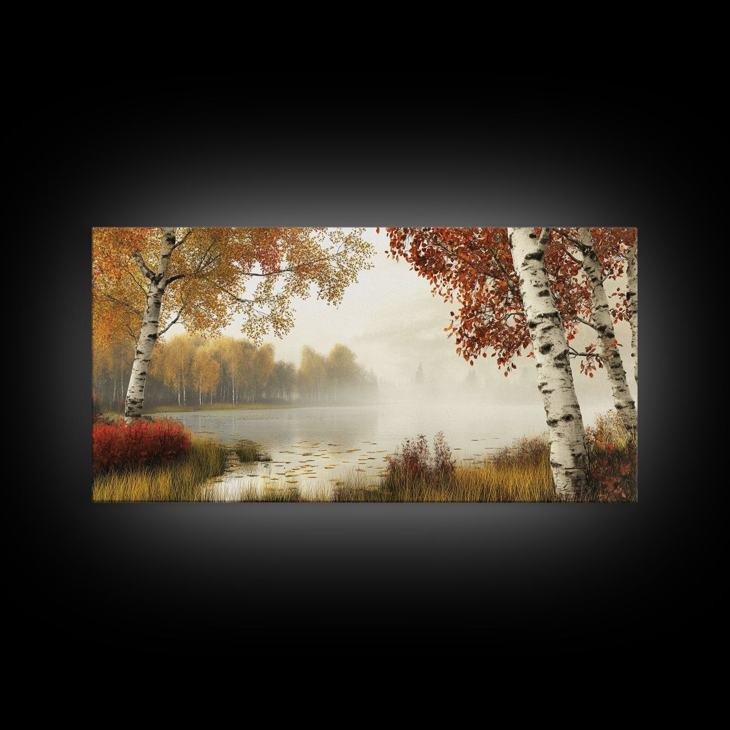 Golden Autumn Mist Canvas Print Featuring Birch Tree Painting and Moody Art Rustic Wall Art Above Sofa Art for Living Room