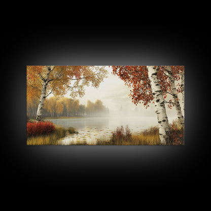 Golden Autumn Mist Canvas Print Featuring Birch Tree Painting and Moody Art Rustic Wall Art Above Sofa Art for Living Room