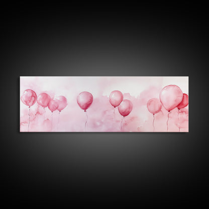 Balloon Painting Framed Canvas Print in Pastel Pink Hues, Whimsical Horizontal Artwork, Light Pink Wall Art for Living Room Decor
