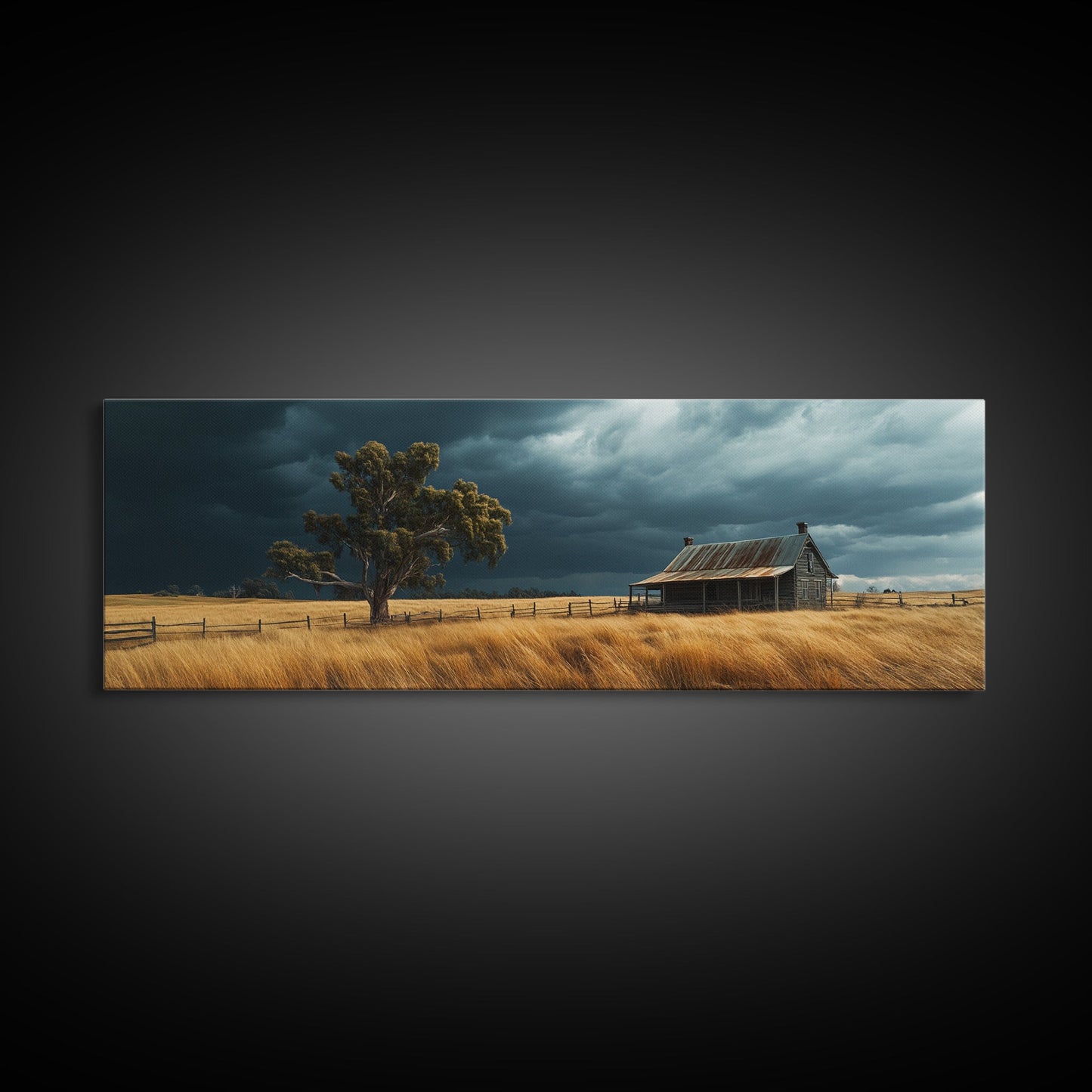 Stormy Farmhouse Canvas Print Rustic Landscape Painting Smoky Mountain Art Horizontal Panoramic Wall Living Room Autumn Decor