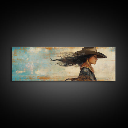 Cowgirl Canvas Print Southwest Wall Art Minimalist Boho Art Afrocentric Painting Extra Wide Horizontal Artwork Decor