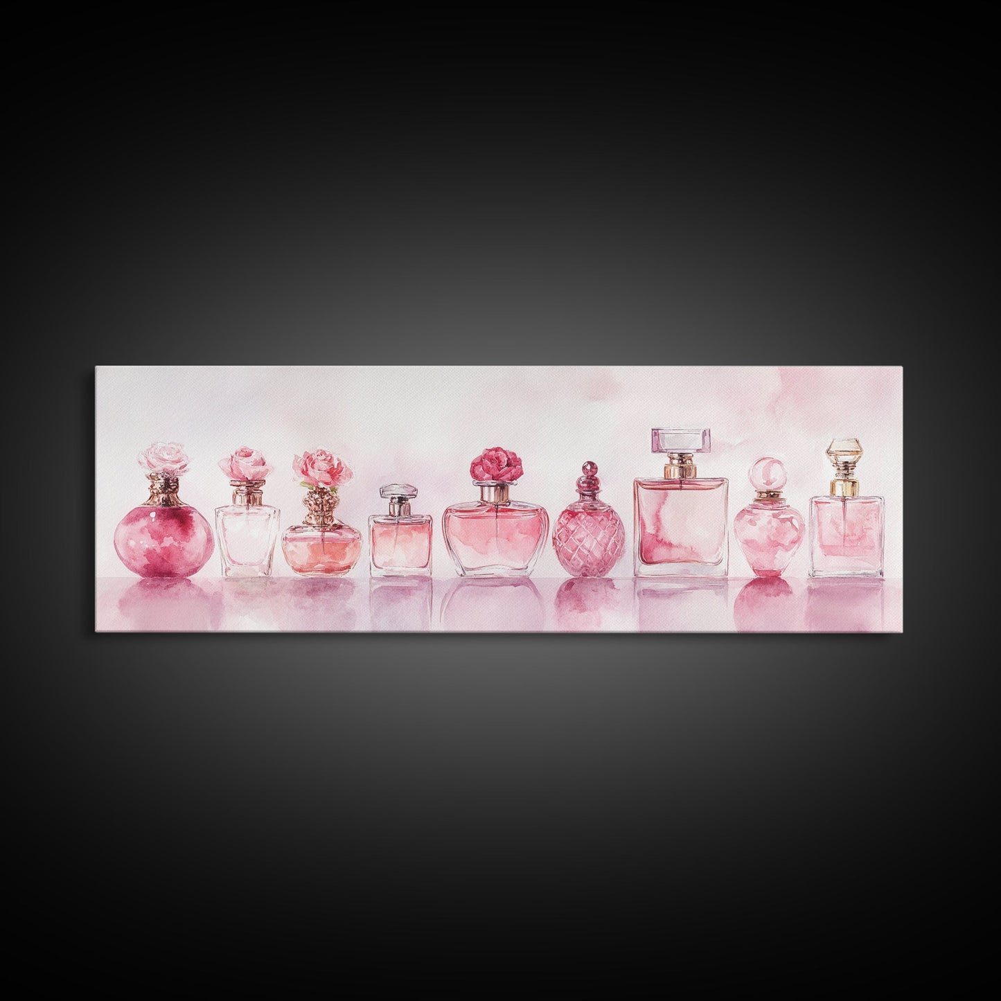 Framed Canvas Print Perfume Bottle Art Pink Abstract Art Feminine Decor Gift Idea Minimalist Living Room Wall Art Horizontal Painting