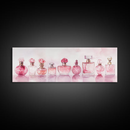 Framed Canvas Print Perfume Bottle Art Pink Abstract Art Feminine Decor Gift Idea Minimalist Living Room Wall Art Horizontal Painting