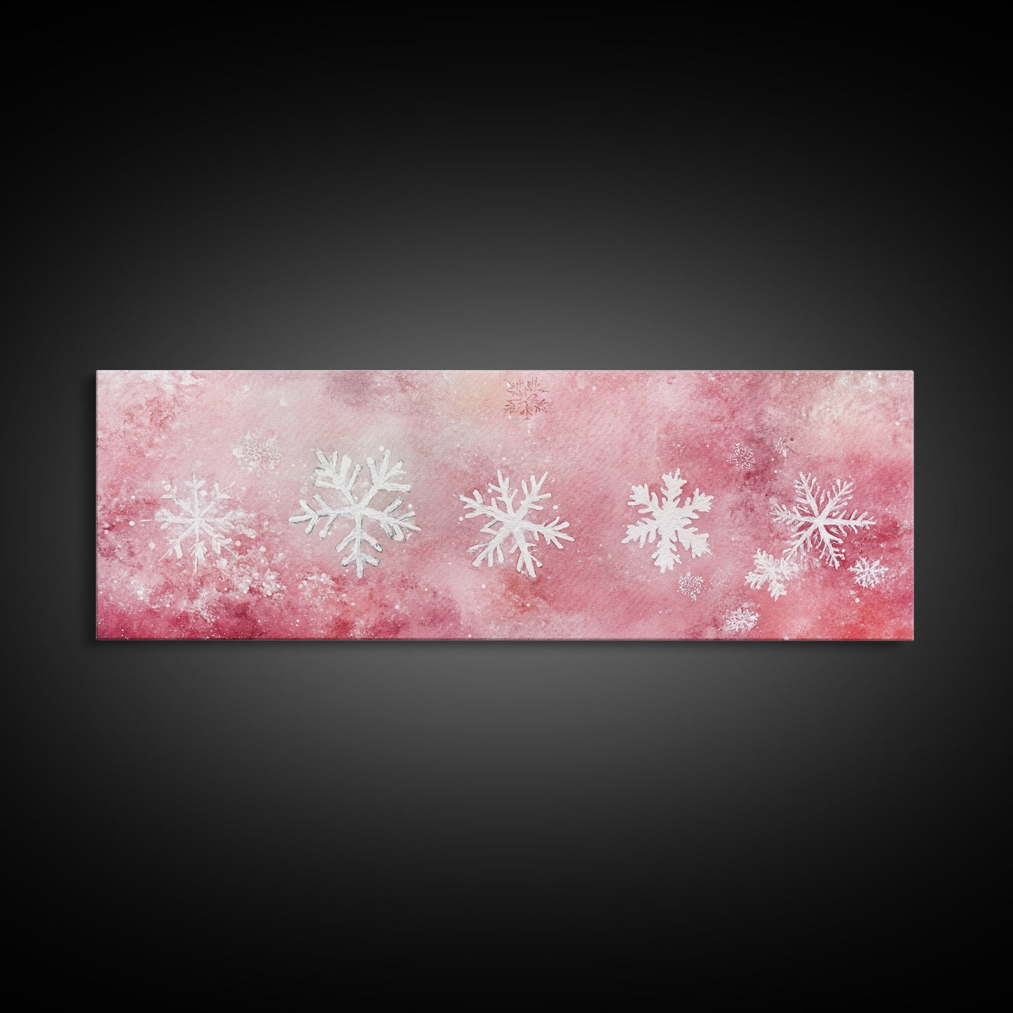 Framed Canvas Print of Snowflakes on Pink Background Featuring Cozy Winter Wall Art or Light Holiday Bedroom Seasonal Decor