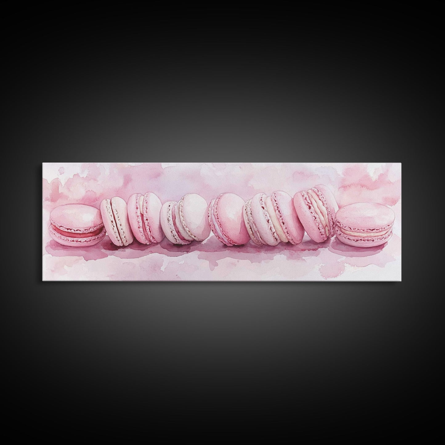 Whimsical Macarons Pink Wall Art Framed Canvas Print Extra Wide Horizontal Dessert Painting Food Review Kitchen Art