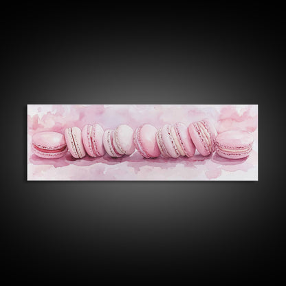 Whimsical Macarons Pink Wall Art Framed Canvas Print Extra Wide Horizontal Dessert Painting Food Review Kitchen Art