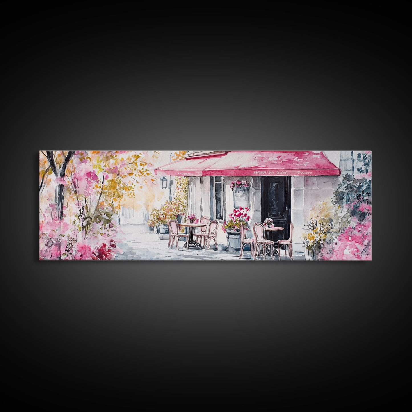 Parisian Cafe Cherry Blossom Painting Framed Canvas Print Extra Wide Art Horizontal Wall Art Rustic Above Sofa Decor