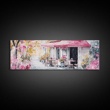 Parisian Cafe Cherry Blossom Painting Framed Canvas Print Extra Wide Art Horizontal Wall Art Rustic Above Sofa Decor