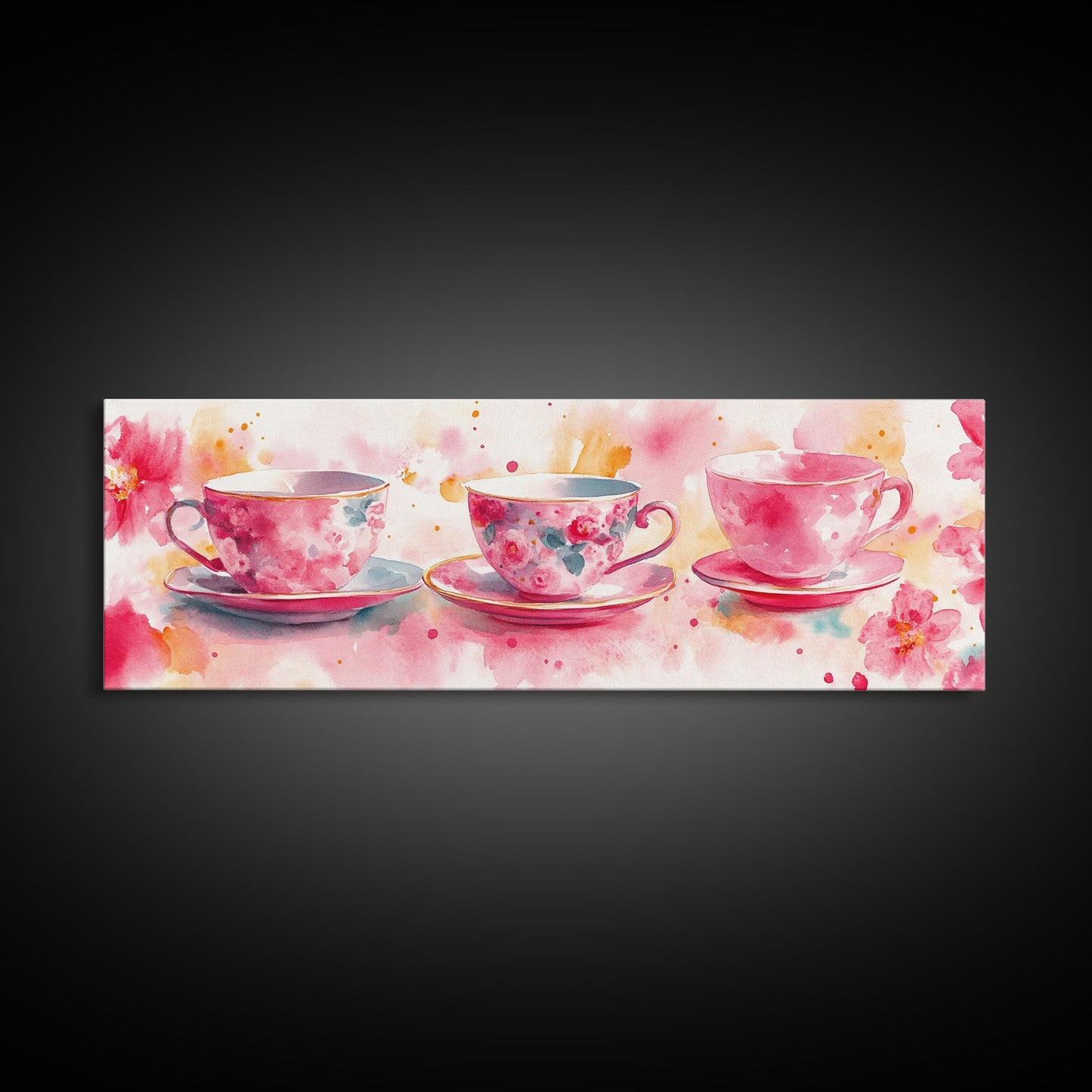 Pink Teacup Canvas Print Feminine Whimsical Kitchen Art Horizontal Pink Artwork Vintage Rustic Wall Art Living Room Framed Art